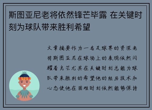 斯图亚尼老将依然锋芒毕露 在关键时刻为球队带来胜利希望